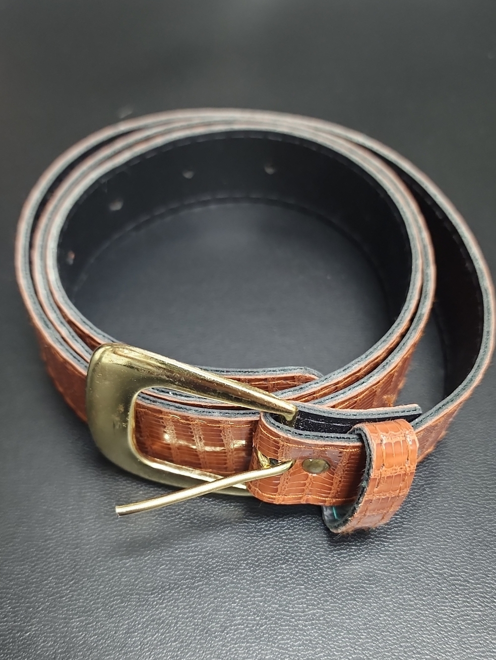 Vintage 80s 90s Brown Lizard Embossed Leather Belt Size 14 Made in USA Style 553